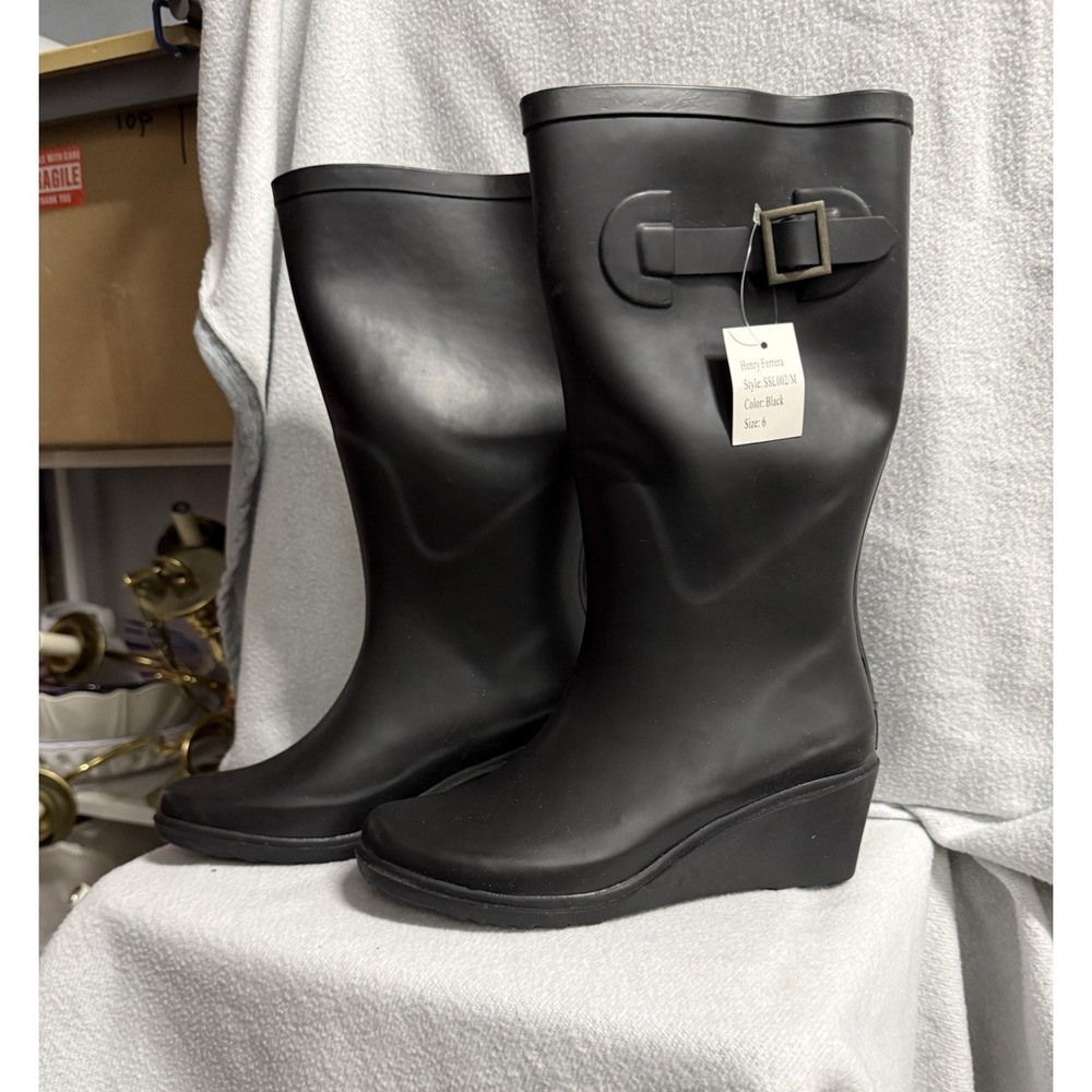 Henry Ferrera Black Wedge with Buckle Pull‎ On Rain Boots Women's US size 7